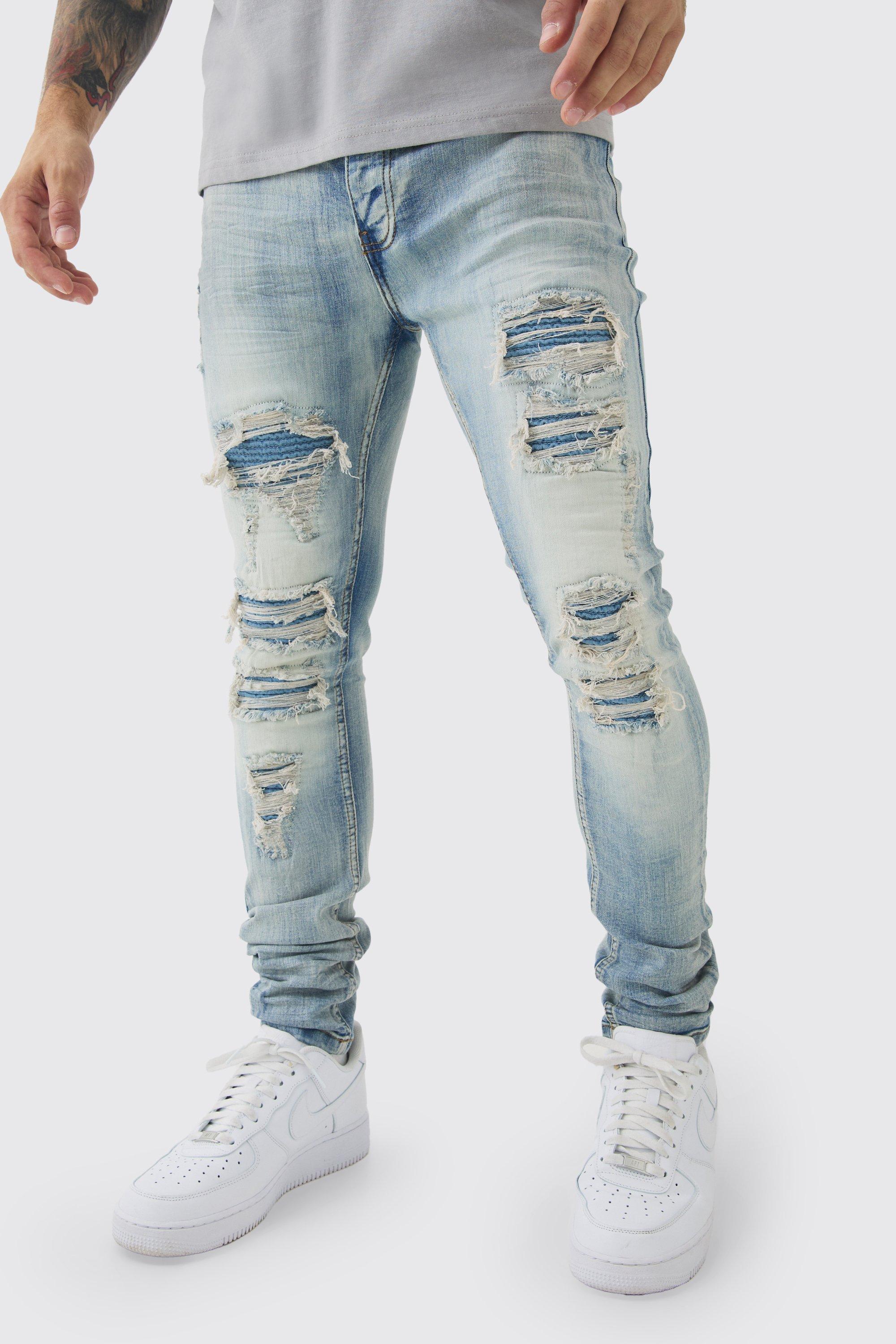 Mens Blue Super Skinny Stretch Washed Biker Rip & Repair Jeans, Blue